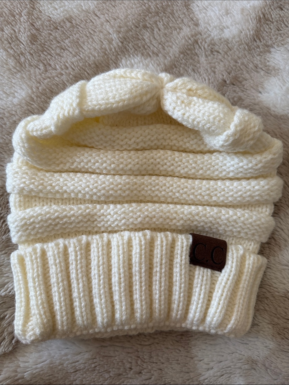C.C Cream Knit Pom Beanie with Braided Top